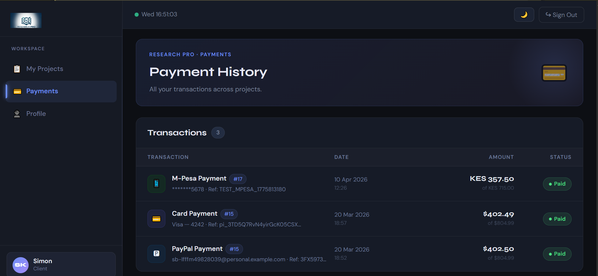 ResearchPro — Client Payments